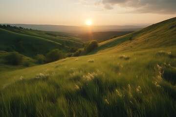 Fototapeta premium Country landscape and wildflowers at sunrise