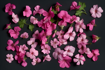 Set of pink flowers on dark background