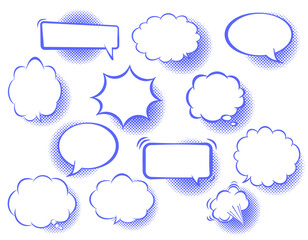 ハーフトーンの影のあるアメコミの吹き出しセット/青