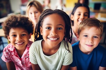 Happy diverse schoolchildren looking at camera. Smiling multiethnic kids posing for group portrait in a classroom of elementary school. Boys and girls of different skin colors go to school together. - obrazy, fototapety, plakaty