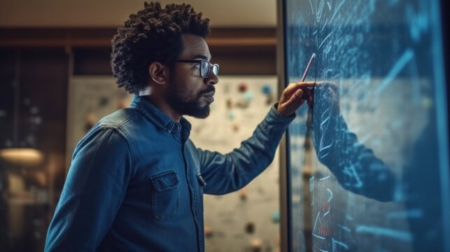 The businessman and colleagues brainstorm ideas on a whiteboard.