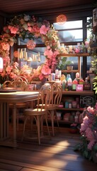 Beautiful flowers in the interior of a cafe with wooden tables and chairs