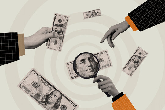 Anti money laundering concept collage of corruption detective magnifying glass control government inspection isolated on beige background