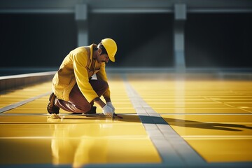 Worker in yellow colored uniform working with roof surface - obrazy, fototapety, plakaty
