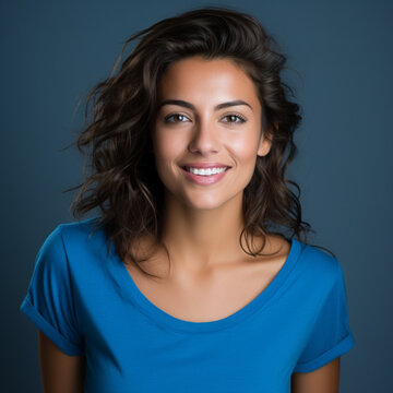 face of a frontal, friendly Brazilian woman, 30 year old, t-shirt color blue, studio