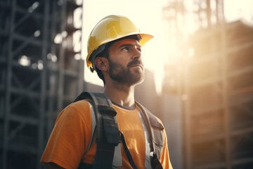 Construction worker in uniform and safety equipment on construction site. Sunset background
