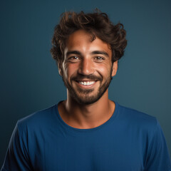 Fototapeta premium face of a frontal, friendly Brazilian man, 30 year old, t-shirt color blue, studio