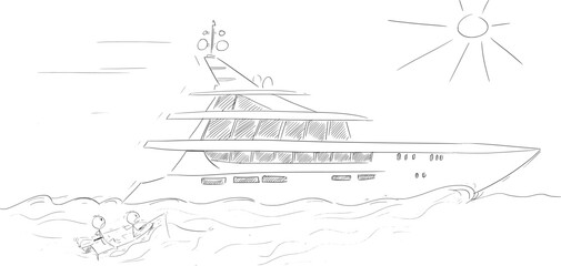 Luxury Yacht and Small Fishing Boat, Vector Cartoon Stick Figure Illustration