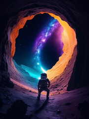 an astronaut is looking at a colorful galaxy at the end of the cave