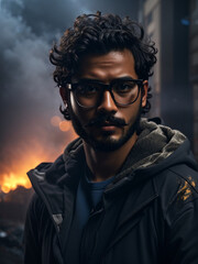 Obraz premium a man looks from the direction of the destroyed city