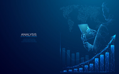 Stock market concept. Growth chart and businessman with tablet in his hands. Global business. Abstract diagram with up arrow in low poly wireframe style on dark blue background. Finance and economy. - obrazy, fototapety, plakaty