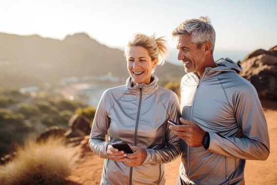 Adult sporty couple making pause while jogging, walking or workout in picturesque seashore. Mature Caucasian man and woman in sports outfit with smartphones chatting and smiling. Active lifestyle.