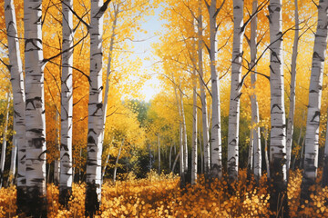 sharp background, a dense stand of aspen trees with white bark and brilliant yellow leaves backlit by a low angle sun