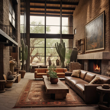 axel vervoordt style living room, quarter sawn oak, copper leather couches, with beige field stone fireplace and hickory floors, normal window trim, black accents, and cactus succulents