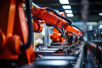 Robotic Arms And Conveyors In Manufacturing Plant. Сoncept Industrial Automation, Robotic Assembly, Conveyor Systems, Manufacturing Efficiency, Assembly Line Optimization