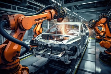 Robot Welding Automotive Parts In Car Factoryefficient Assembly Line Producing High Volume Of Modern Cars
