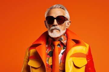Senior Man With Colorful Fashion Clothes On Orange Background