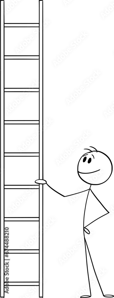 Sticker Person Holding Ladder, Vector Cartoon Stick Figure Illustration