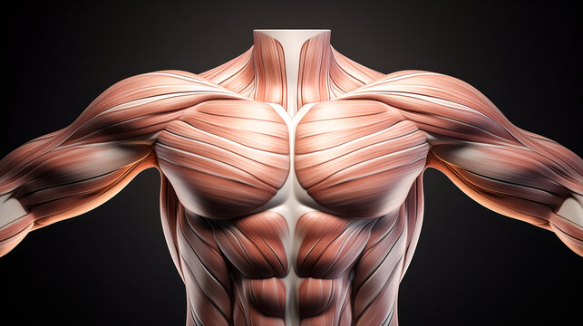 Muscle anatomy of male close up shot of upper front body 3d render.