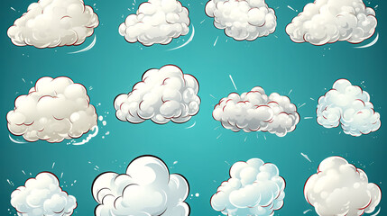 Set of white cartoon clouds on a blue background.