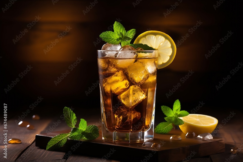 Poster generative ai : iced tea with lemon and mint on a dark wooden background