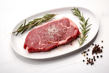Fototapeta premium Generative AI : Raw beef steak with rosemary and peppercorns on white background