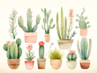 watercolor painting, soft pastel color, delightful boho illustration, cactus, artistic doodle, textured, by Emily Winfield Martin and Jon Klassen, vectorset doodle style, group f/64 --ar 4:3 - obrazy, fototapety, plakaty