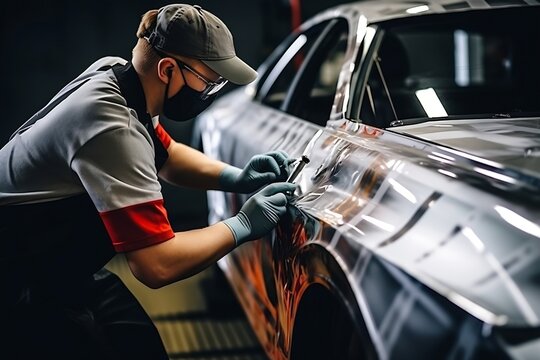 Generative AI : Workers applies car protection film on fender