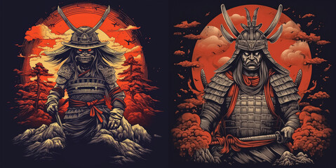 Set of Japan Samurai printing design for t-shirt - obrazy, fototapety, plakaty