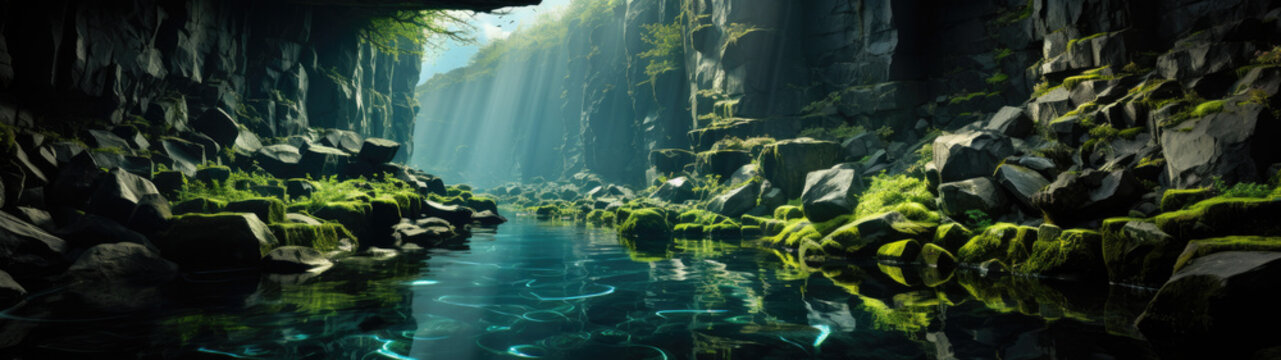 Explore the enigmatic depths of an underwater cave within a secret water creek, perfect for a unique wallpaper.