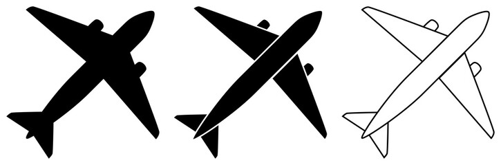 Airplane icon set. Aircraft silhouette and outline sign. Plane illustration.