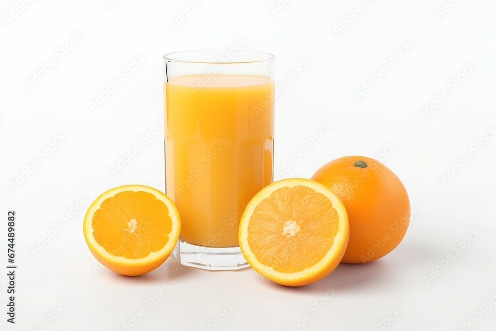 Aufkleber generative ai : glass of orange juice and slices fruits isolate on white background.