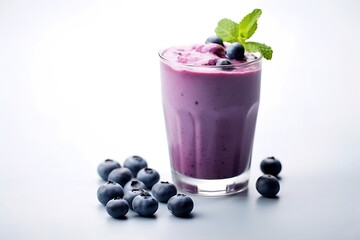 Generative AI : Blueberry smoothie in a glass with fresh berries on a white background