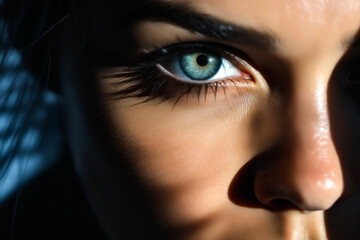 Woman's face with blue eye and long eyelashes.