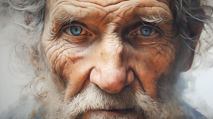 Elderly man with intense blue eyes and a weathered expression.