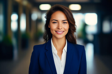 Woman in blue suit smiling for picture.