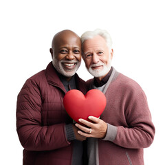Multiethnic senior gay couple holding red heart, isolated on white or transparent background. AI Generated.