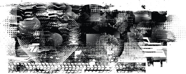 Glitch distressed grange shape . Noise grungy logo .  Shape textured with fast lines.Grunge , distress effect .Vector shapes with a halftone dots, and speed lines. screen print texture.