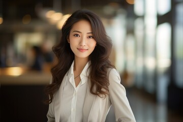 Obraz premium Stylish Asian Woman Exudes Confidence In White Business Attire
