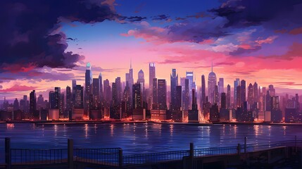 Panoramic view of Manhattan skyline at sunset, New York City