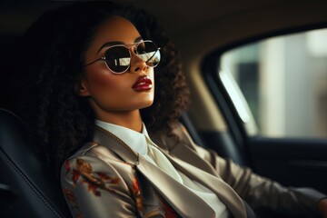 Successful Black Businesswoman In Luxurious Car Interior. Сoncept Luxury Car Lifestyle, Black Businesswoman Success, Elegant Car Interior, Professional Power, Class And Style