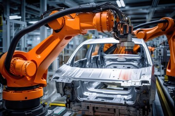 Technological Automation In Car Manufacturing Factory. Сoncept Artificial Intelligence In Customer Service, Robotics In Manufacturing, 3D Printing In Automotive Industry, Iot In Smart Cars