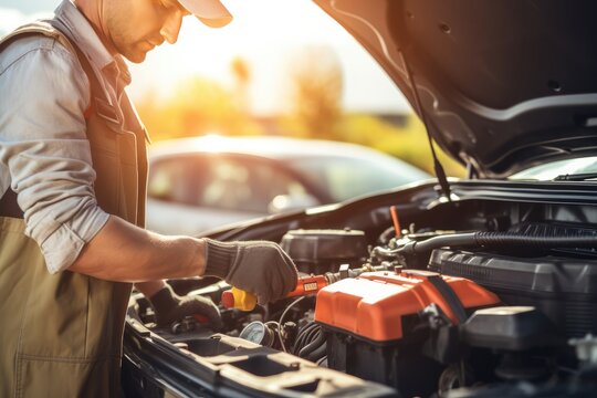 Technician Examining Used Car Battery For Repair