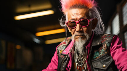 Asian senior man portrait in punk style