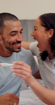 Home, hug or happy couple with pregnancy test or smile for future or baby together in bedroom. Wow, support or excited man in celebration of fertility success or good news with a proud pregnant woman