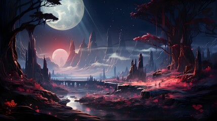 Fantasy alien planet. Mountain, river and city at night. 3D illustration