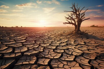 Global warming concept. Lonely dead tree under a dramatic evening sunset sky on a drought-cracked desert landscape with a dry river - obrazy, fototapety, plakaty