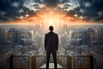 Man on the top of building looking into the cityscape 