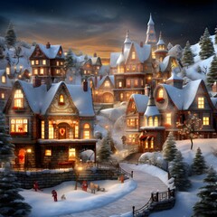 Winter village at night. Christmas and New Year. Digital painting.