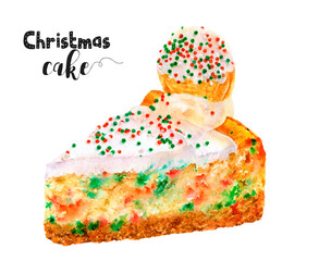 Watercolor illustration of Christmas cake dessert close up. Design template for packaging, menu, postcards.